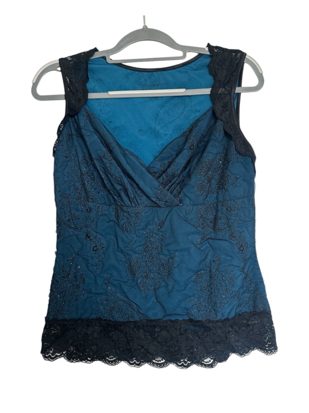 Hillard & Hanson Vintage Teal Mesh Paisley Lace Trim Tank Top Size L